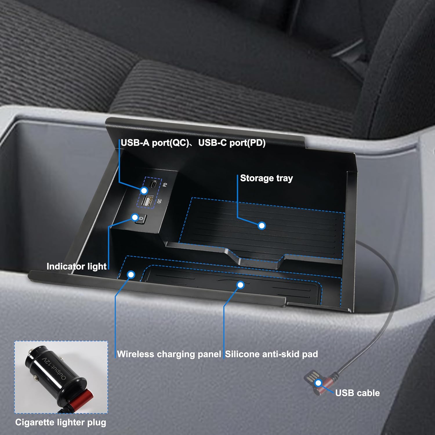 Wireless Charger for Toyota 4runner 2010-2024, Center Console Organizer Tray USB-A USB-C Fast Wireless Charging Pad Armrest Storage Box for Toyota 4runner 5th Gen SR5 TRD Accessories