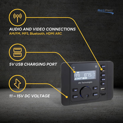 IRV 37 RV Mechless Stereo Unit AM/FM Radio/Bluetooth | Remote Included | LCD Display | Clock