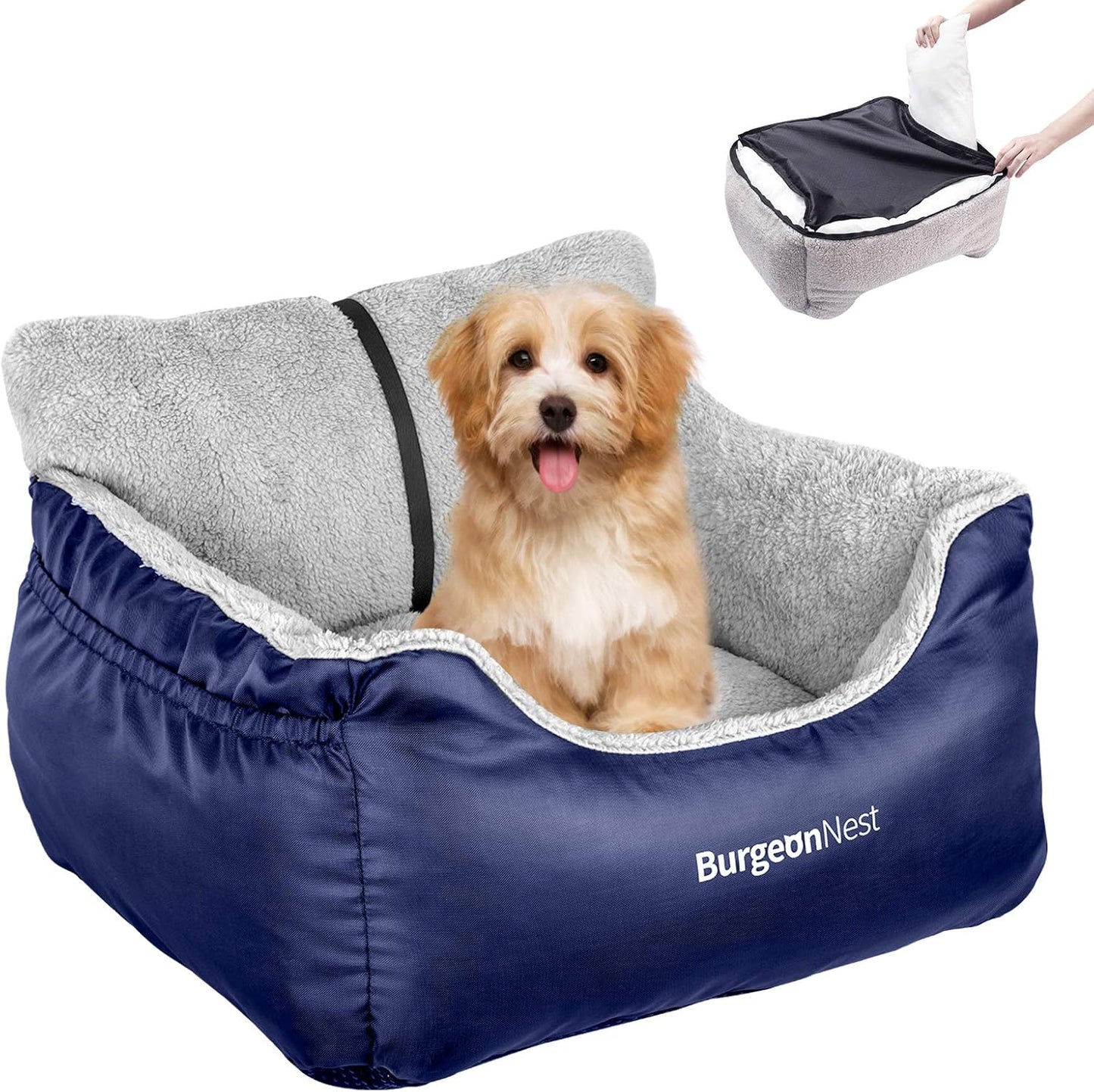 BurgeonNest Dog Car Seat for Small Dogs Under 25 lbs – Fully Detachable & Washable, Soft Booster Seat with Storage Pockets, Clip-On Leash, Portable Carrier Bed, Fits Most Car Seats and Types