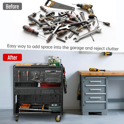 3-Tier DIY Detachable Utility Cart Storage Tool Cart with Steel Pegboard, Foldable Rolling Tool Cart with Wheels for Garage Organizer and Tool Storage