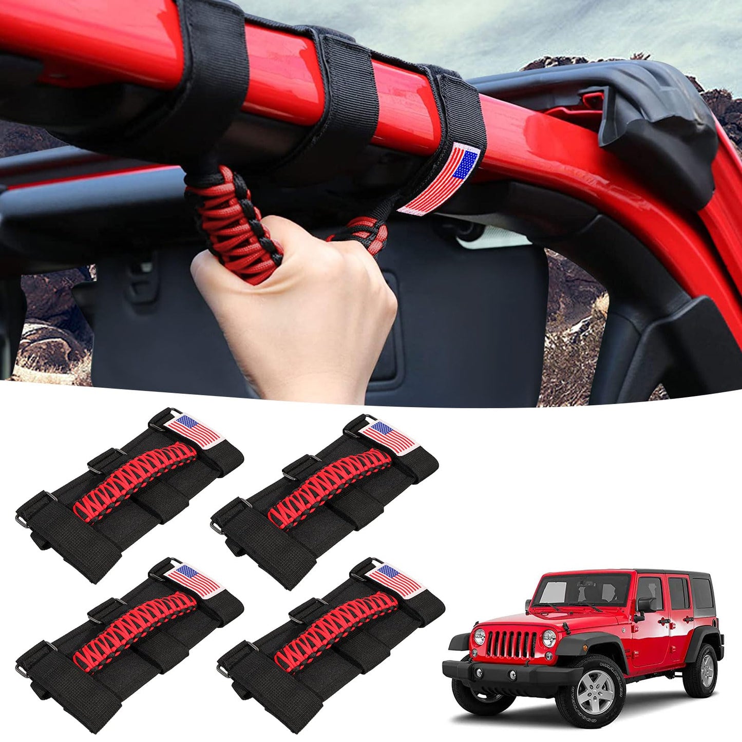 Paracord Grab Handles with American Flag For Jeep Wrangler CJ YJ TJ JL JK LJ JLU JKU & for Gladiator JT 1955-2023