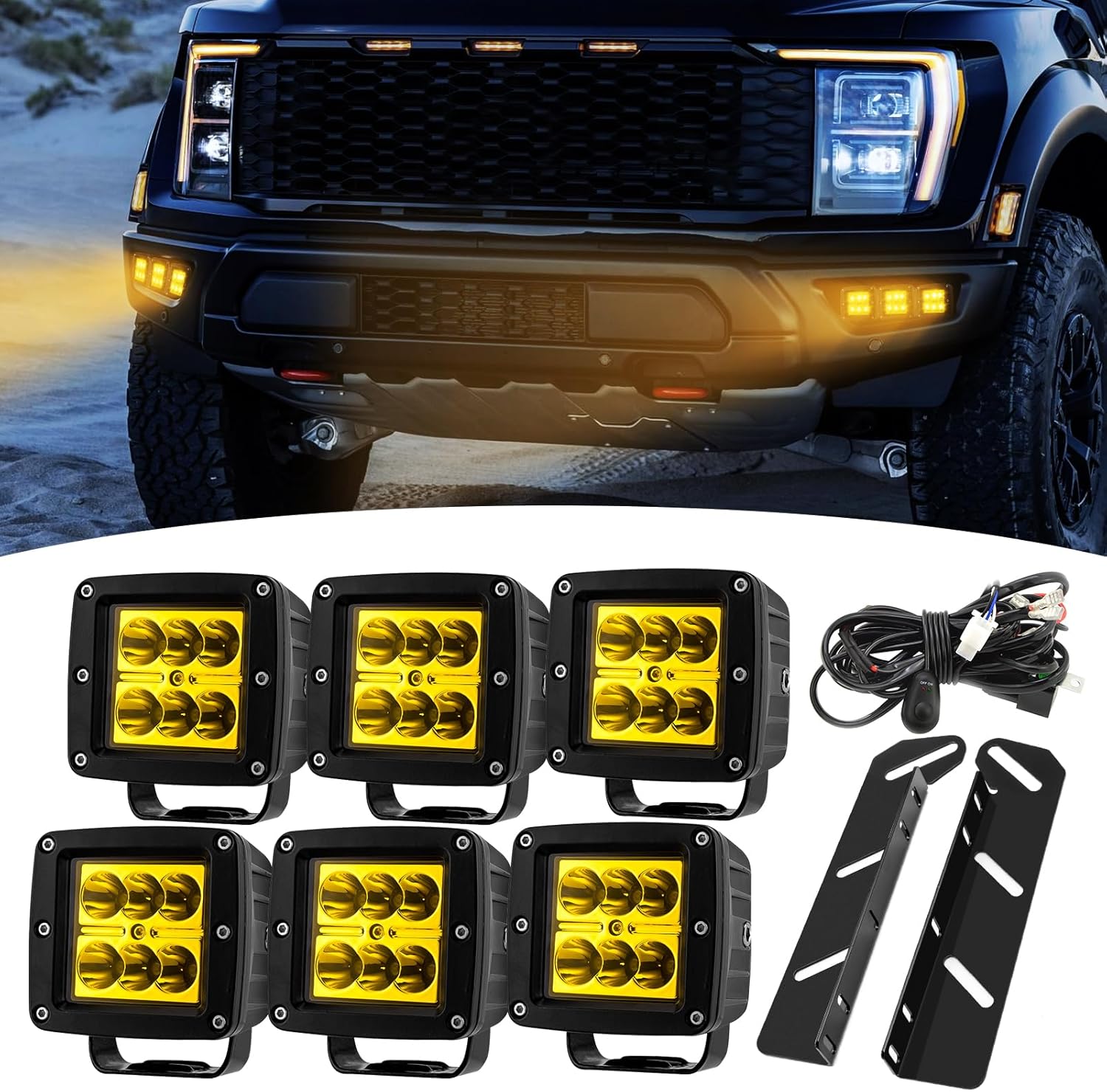 6 Pcs Amber LED Cube Fog light Pod & Hidden Bumper Mounting Bracket w/Wiring Kit Compatible with Ford F150 Raptor 2021-2024