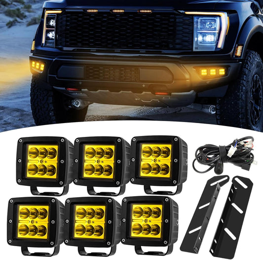 Wsays 6 x Amber LED Cube Fog light Pod & Hidden Bumper Mounting Bracket w/Wiring Kit Compatible with Ford F150 Raptor (Fit F150 Raptor 3rd Generation) 2021-2024