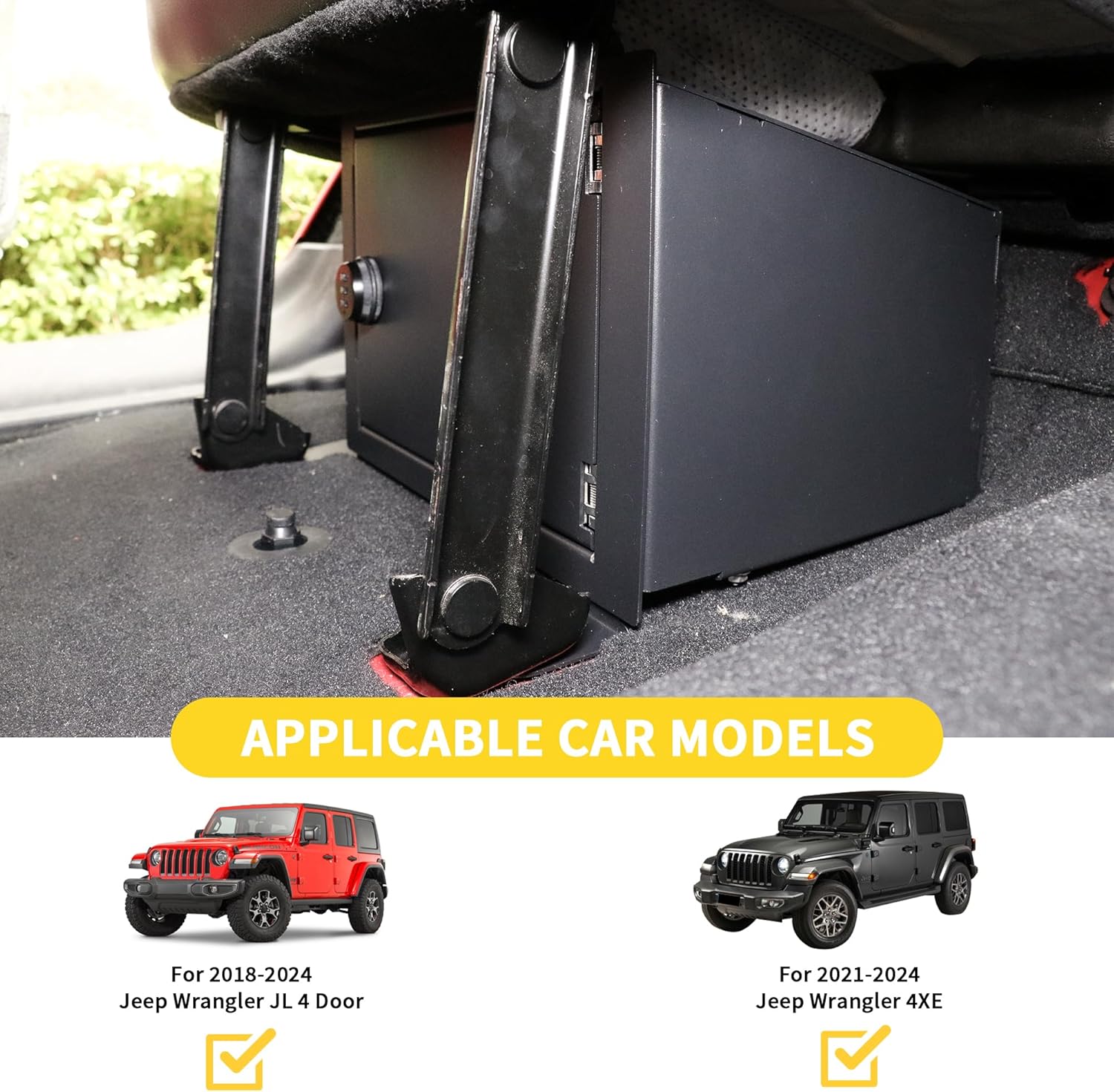 Under Seat Storage Lock Box Gun Safe Compatible with 2018-2024 2025 Jeep Wrangler JL 4 Door 4XE Interior Accessories Passenger Side Rear Underseat Security Organizer Vault Tray Black