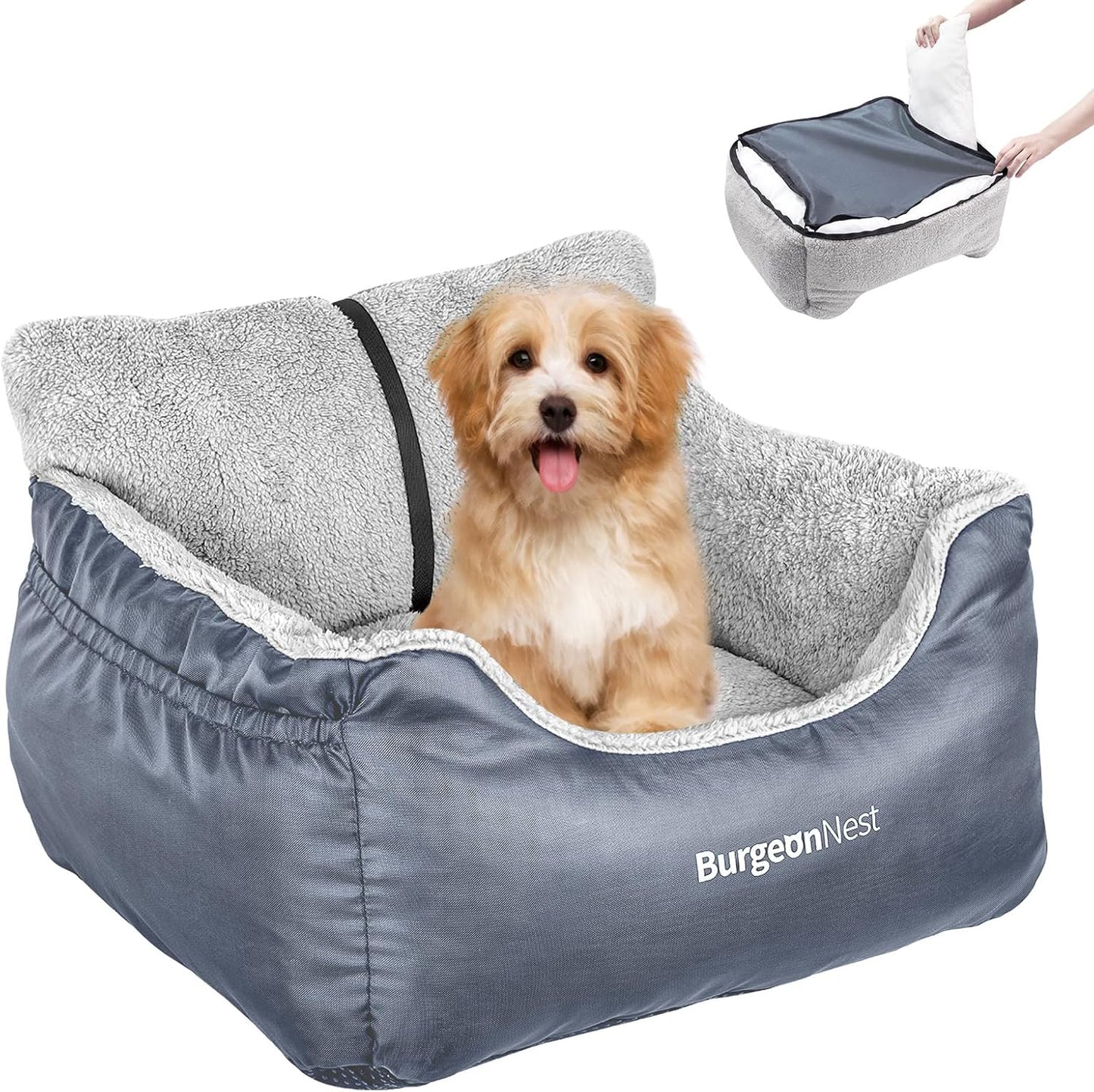 BurgeonNest Dog Car Seat for Small Dogs Under 25 lbs – Fully Detachable & Washable, Soft Booster Seat with Storage Pockets, Clip-On Leash, Portable Carrier Bed, Fits Most Car Seats and Types