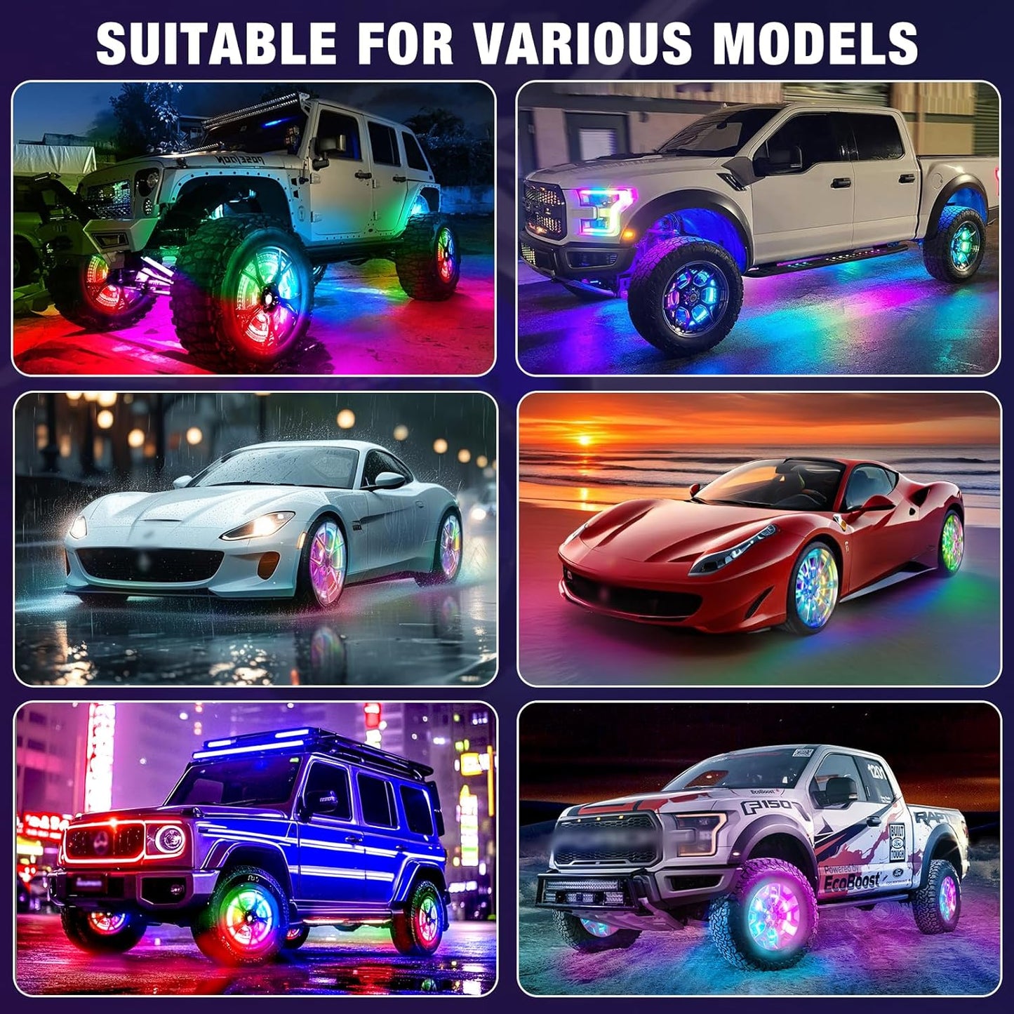 Tavaray 4PCS 14" Double Sided RGB LED Wheel Ring Lights with APP & Remote Control, 178+DIY Dynamic Modes w/Turn Signal Braking and Reverse Function Wheel Lights for Trucks Pickups Cars Offroad