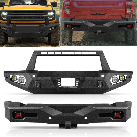 Off road Front Rear Bumper Fit for Ford Bronco 2021 2022 2023 2024 2025 with 6 Lights D-Rings Hitch Receiver Sensor Holes Steel Front Rear Bumper Not for Bronco Sport