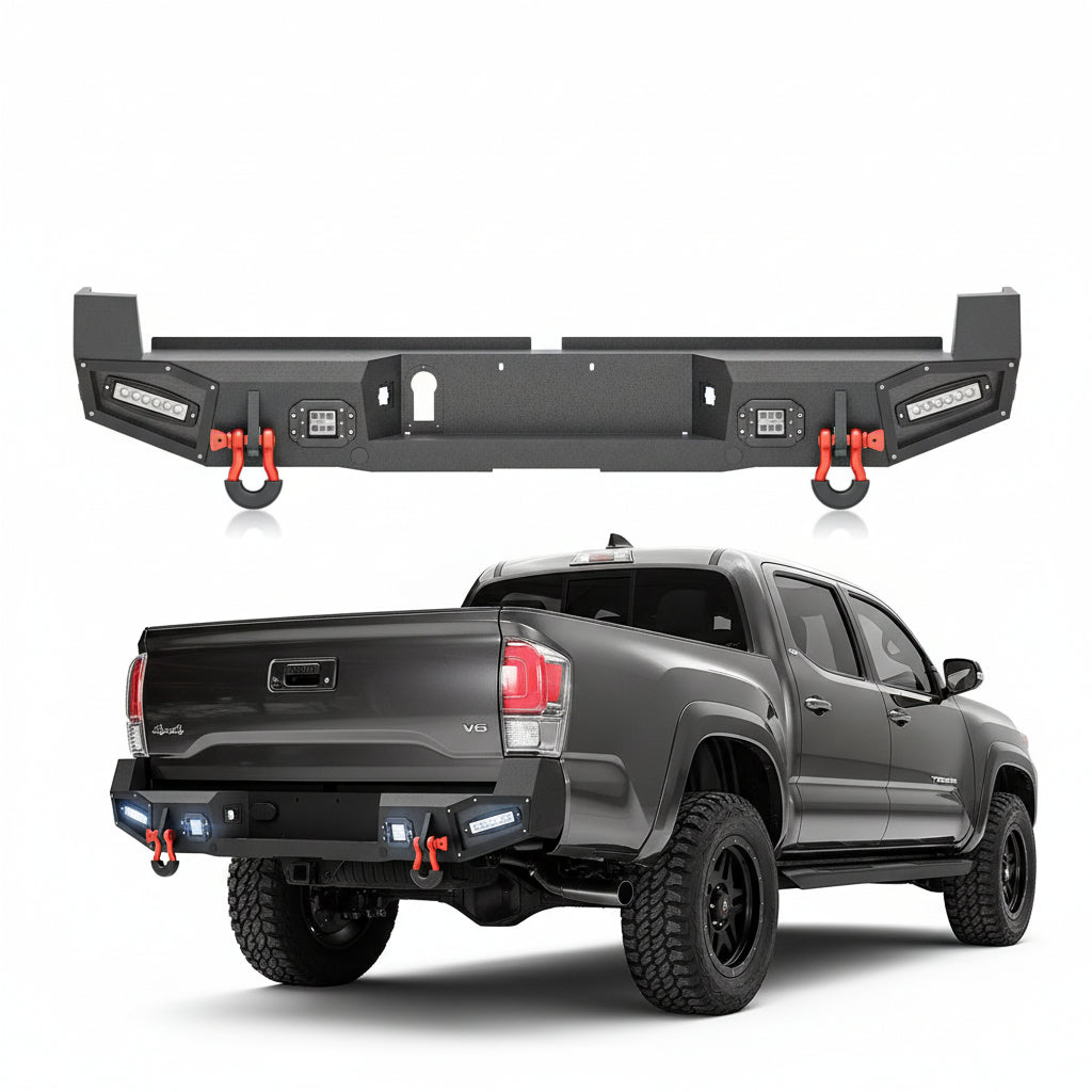 Rear Bumper Compatible with 2016-2023 Toyota Tacoma 3rd Gen with 4 x 18W LED Lights, Paintable Armor & D-rings, Sensor Holes
