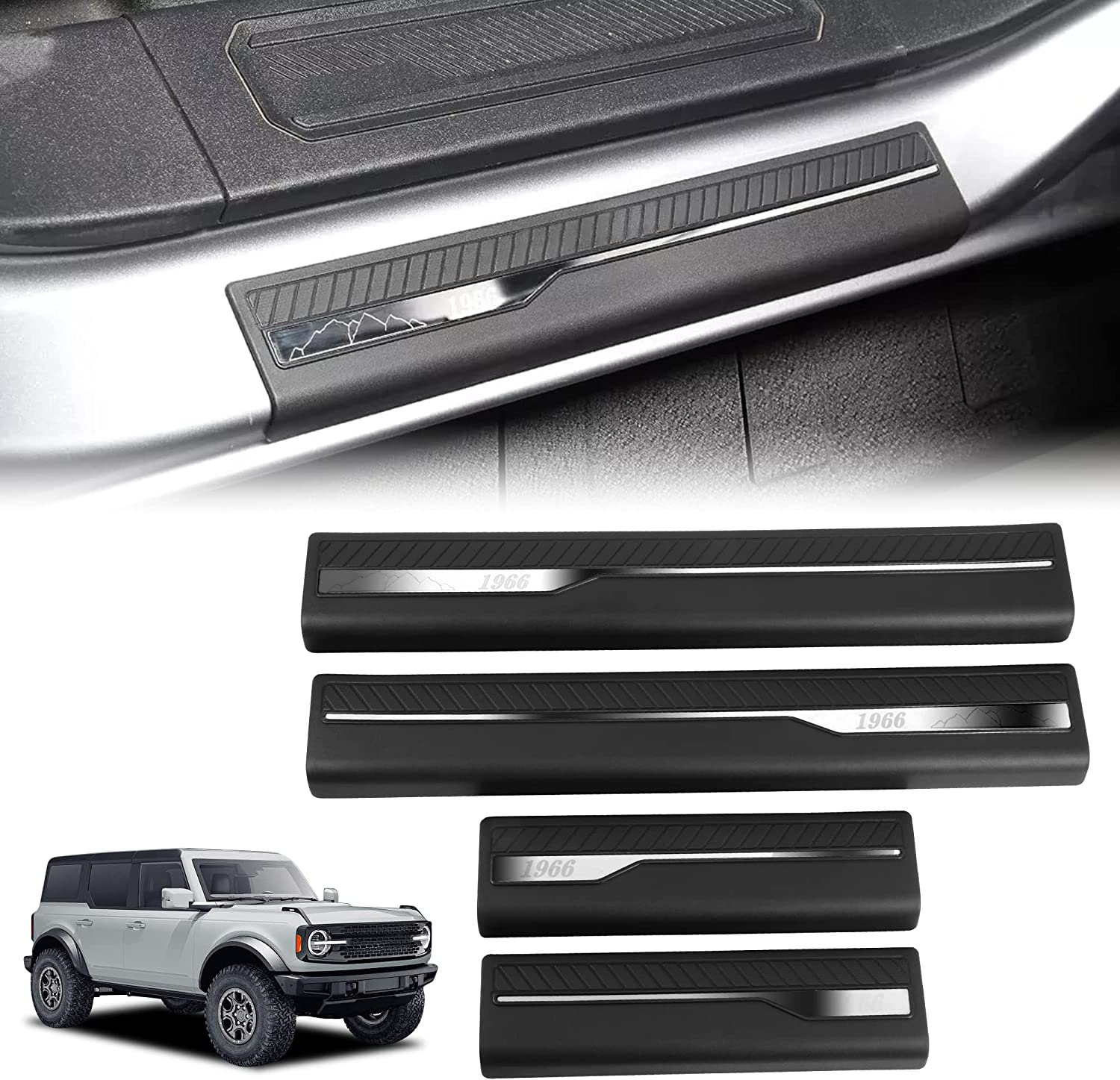 4Pcs Car Door Sill Guard Protector Compatible with Ford Bronco 4 Door 2021 - 2026 ABS Replacement Welcome Pedal Scuff Plate Entry Guard Sill Plate Anti Slip and Scratch Accessories