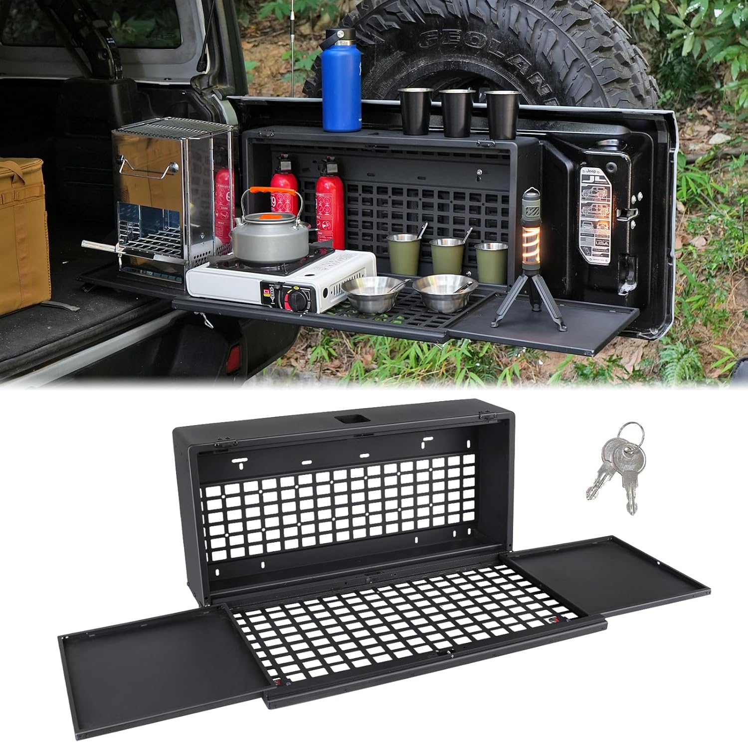 MAIKER Tailgate Table Storage Lock Box Compatible with Jeep Wrangler JK JKU JL JLU 4 Door, Multi-Functional Rear Foldable Table Cargo Shelf Storage Molle Panel Camping Desk