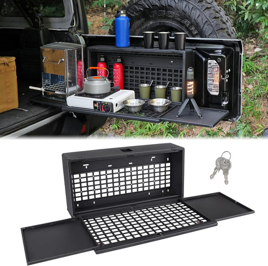 MAIKER Tailgate Table Storage Lock Box Compatible with Jeep Wrangler JK JKU JL JLU 4 Door, Multi-Functional Rear Foldable Table Cargo Shelf Storage Molle Panel Camping Desk