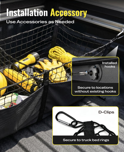 Heavy Duty Truck Bed Cargo Net Organizer with Side Pocket for Ford Toyota GMC RAM 1500