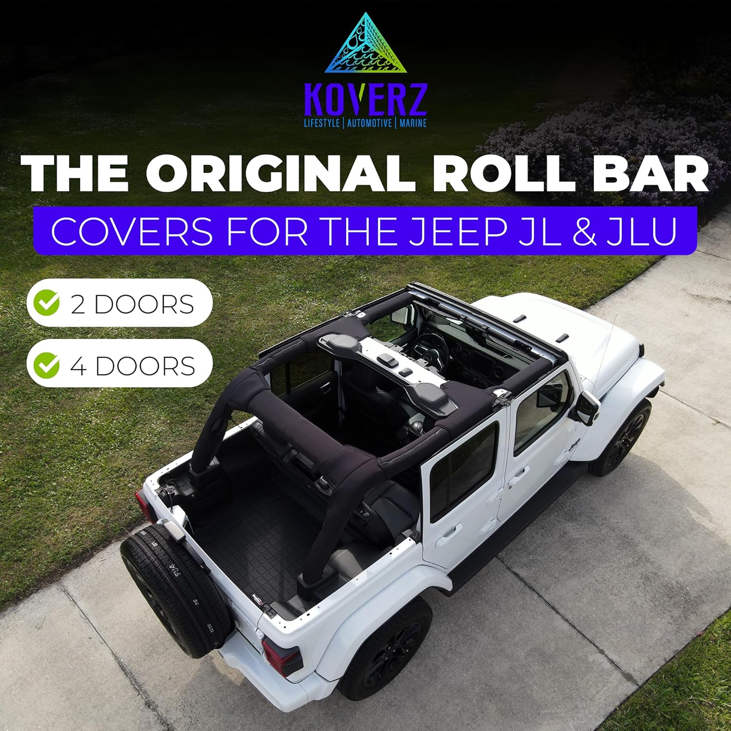 Koverz Neoprene Roll Bar Cover Padding Compatible with 2-Door Jeep Wrangler JL 2018-2023 (NOT 2024-2025) - Black