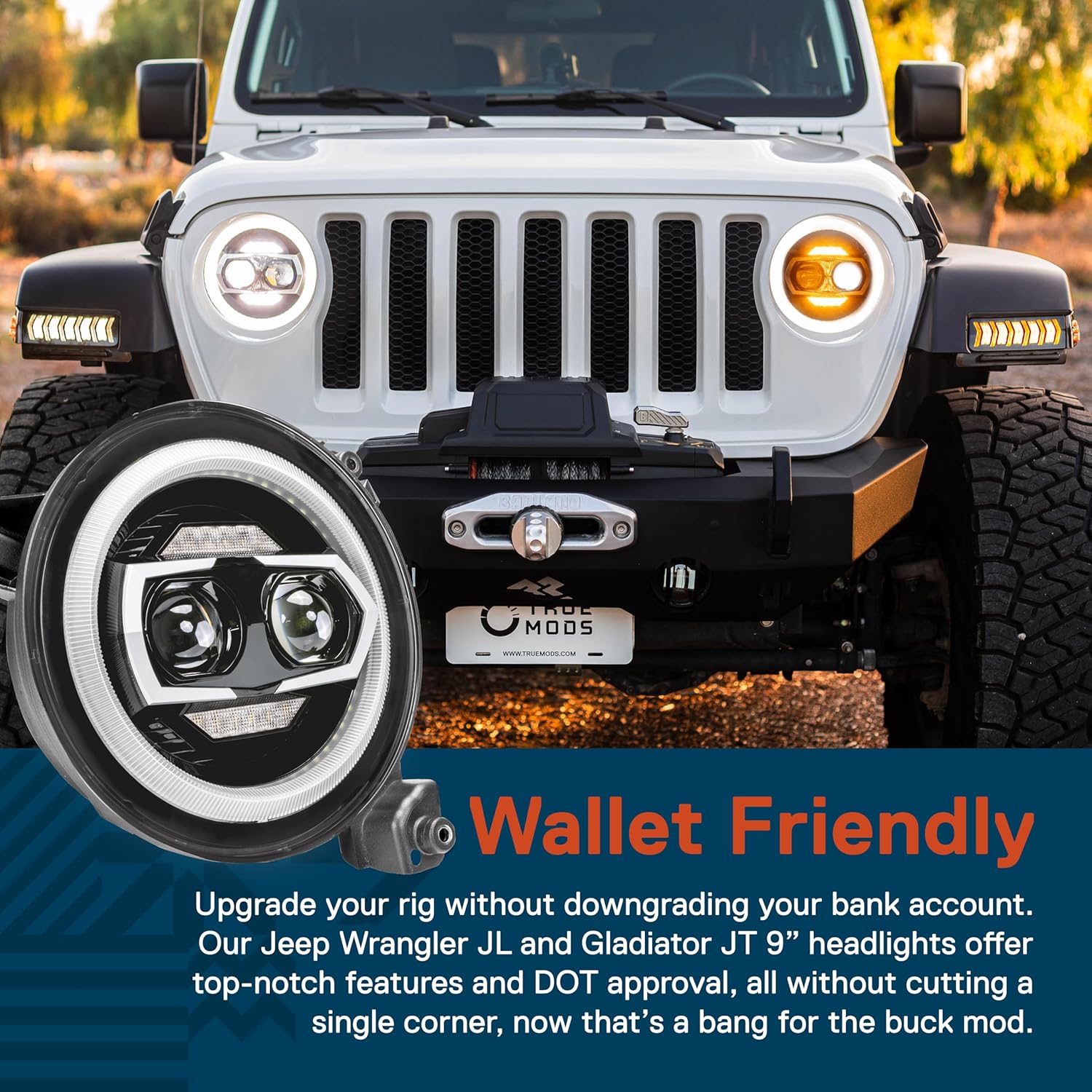 TRUE MODS 9 Inch Round LED Headlights Replacement for 2018-2025 Jeep Wrangler JL JLU Unlimited Gladiator JT Accessories [DOT Approved] [DUAL HALO DRL] Sealed Beam Front Head Light Lamp Bulb