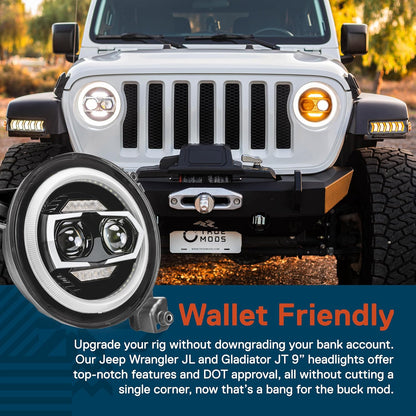 TRUE MODS 9 Inch Round LED Headlights Replacement for 2018-2025 Jeep Wrangler JL JLU Unlimited Gladiator JT Accessories [DOT Approved] [DUAL HALO DRL] Sealed Beam Front Head Light Lamp Bulb