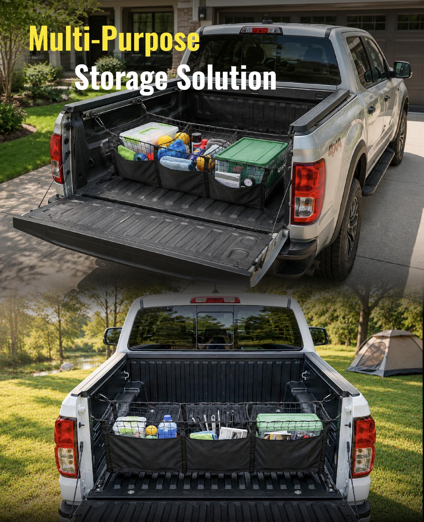 Heavy Duty Truck Bed Cargo Net Organizer with Side Pocket for Ford Toyota GMC RAM 1500