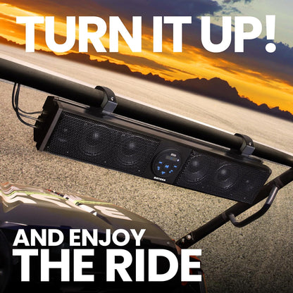 ATV UTV Sound Bar - 26 Inch Wide, 4 Inch Speakers, 1 Inch Soft Dome Tweeters, Full Range, IPX5 Weatherproof, Bluetooth, Built-in Amplifier, Golf Cart Compatible - OMOTOR