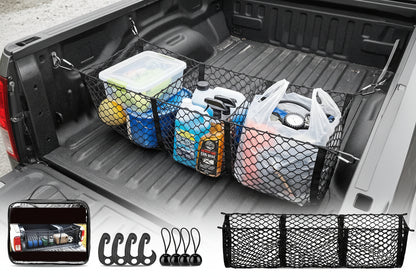 Heavy Duty Truck Bed Cargo Net Organizer with Side Pocket for Ford Toyota GMC RAM 1500