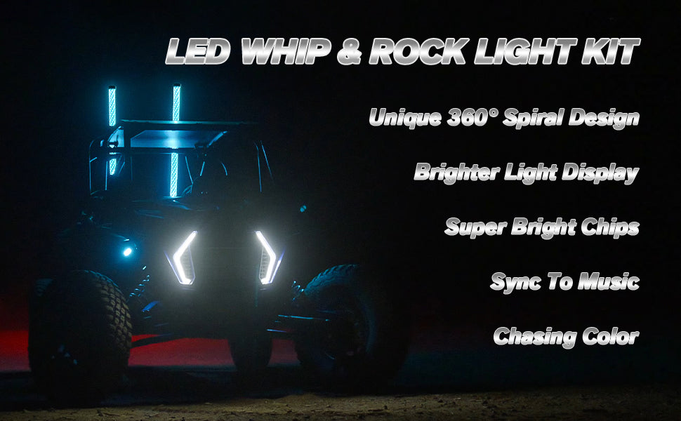 2PCs Fat Whip Lights and 8Pods RGB Rock Lights Kit with Bluetooth and Remote Control 360° Spiral Chase Offroad Warning Lighted Antenna LED Whips