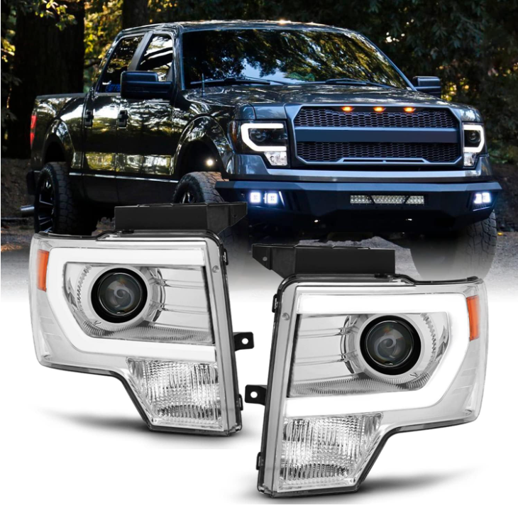 09-14 Ford F150 Light Duty Pickup Black Bazel C-Shape LED light Tube Projector Headlights