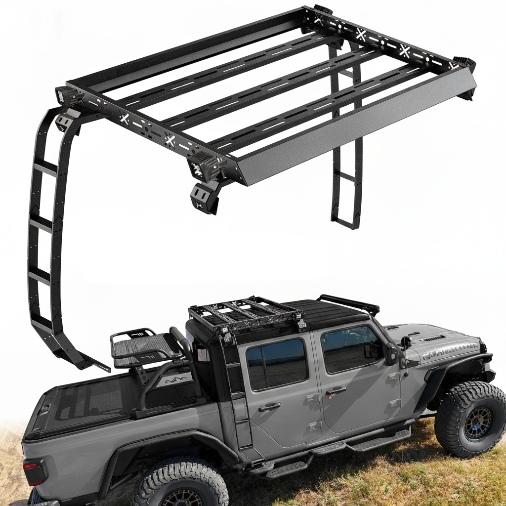 Roof Rack Basket with Dual Ladders and LED Lights For Jeep Gladiator 2020-2026 4-Door