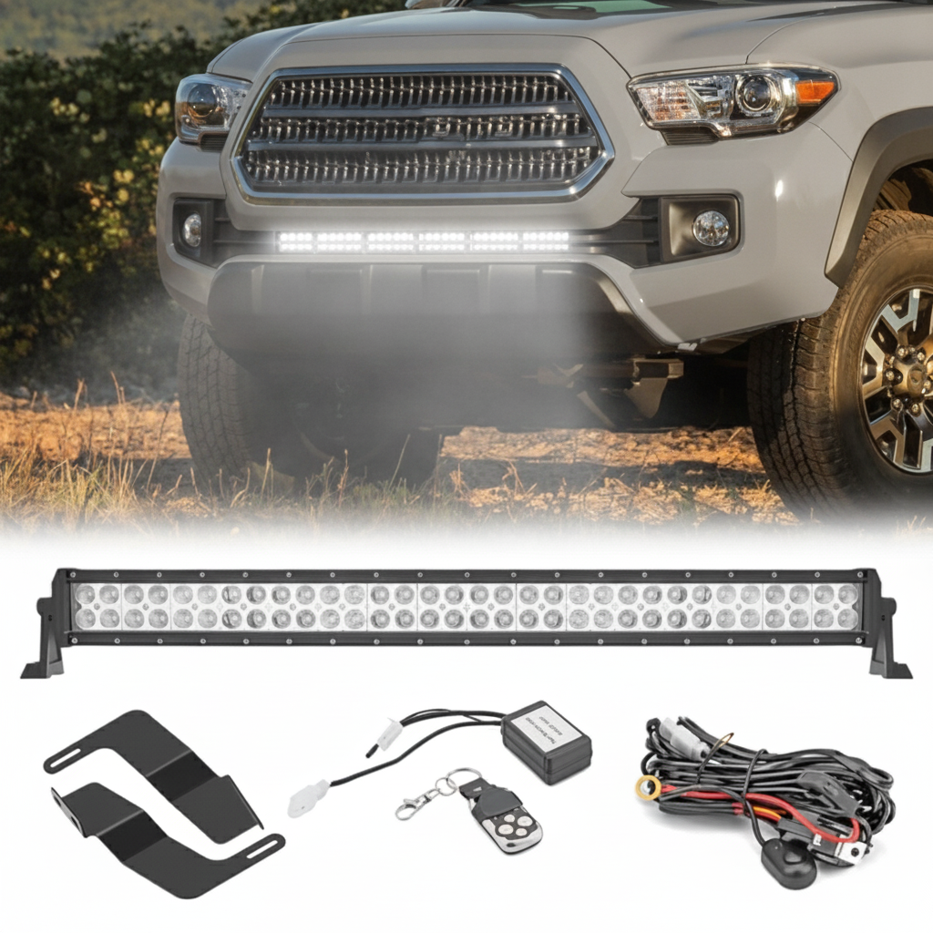 180W 32" LED Light Bar w/Remote Switch Wiring Kit & Front Bumper Mount Brackets Compatible with Toyota Tacoma 2016-2023