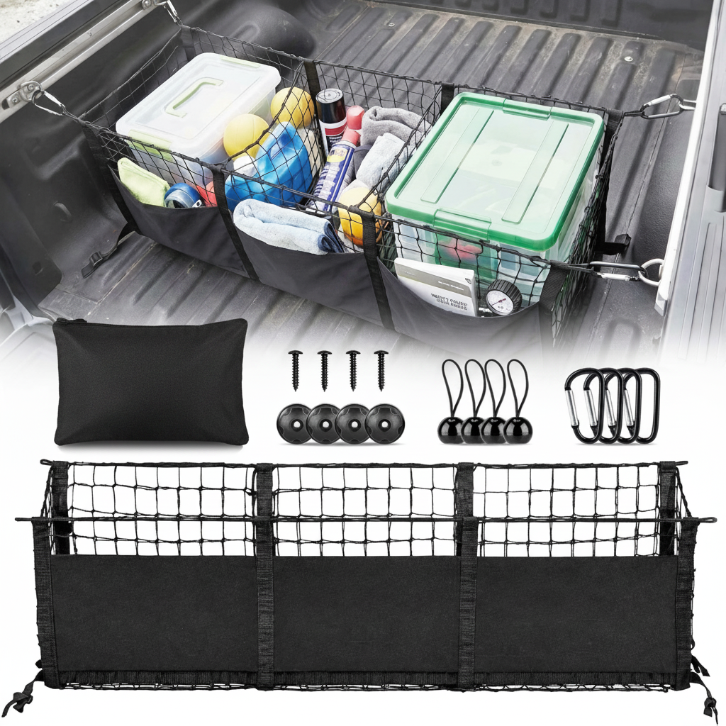 Heavy Duty Truck Bed Cargo Net Organizer with Side Pocket for Ford Toyota GMC RAM 1500