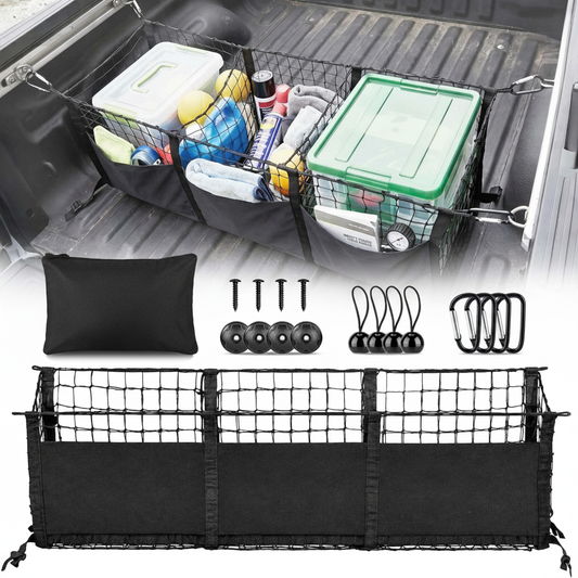 Heavy Duty Truck Bed Cargo Net Organizer with Side Pocket for Ford Toyota GMC RAM 1500
