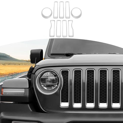 9pcs Mesh Front Grille Grill Insert Headlight Light Cover Trim for Jeep Wrangler JL JLU 2018-2022