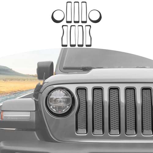 9pcs Mesh Front Grille Grill Insert Headlight Light Cover Trim for Jeep Wrangler JL JLU 2018-2022
