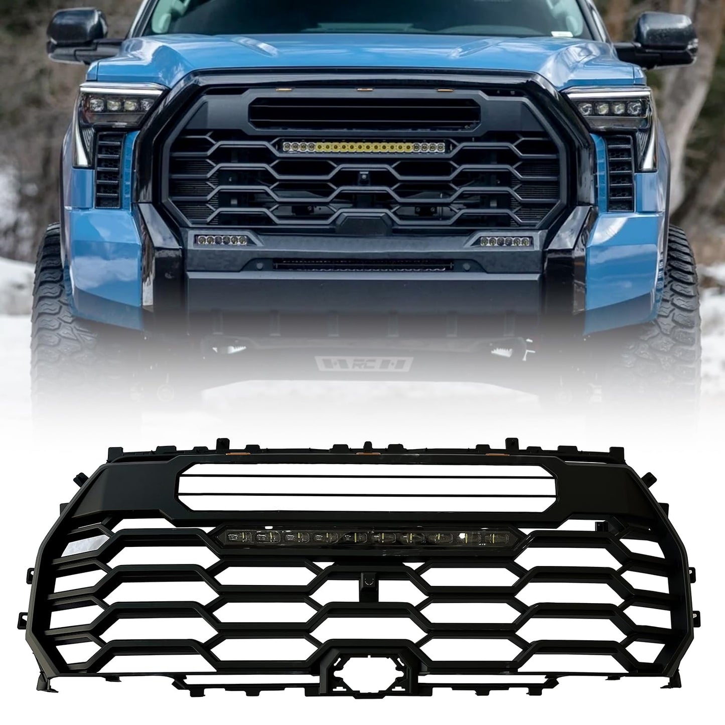 Front Grille with LED Lights and Light Bar Compatible with 2022-2025 Toyota Tundra