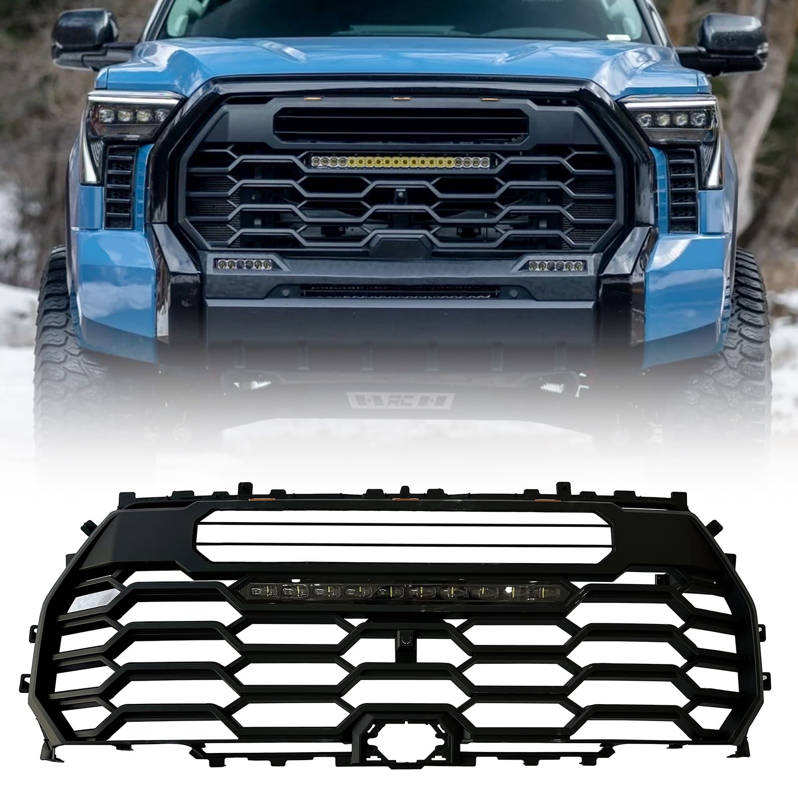 Front Grille with LED Lights and Light Bar Compatible with 2022-2025 Toyota Tundra