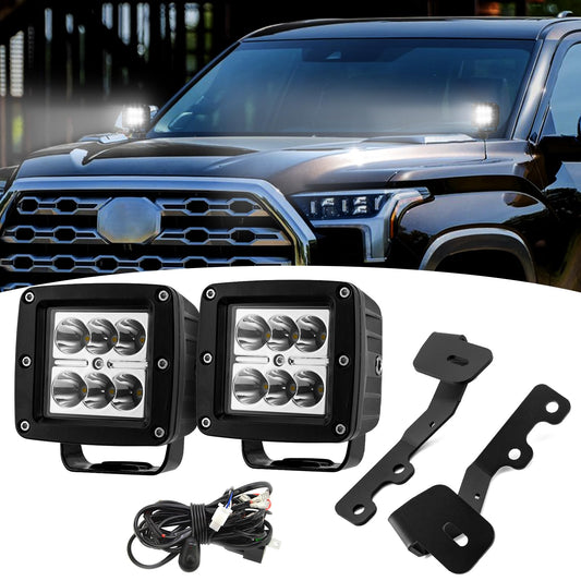 2Pcs 24W LED Light Pods & Ditch Hood Hinge LED Pod Mount Bracket w/Wiring Kit Compatible with Toyota Tundra 2022-2025