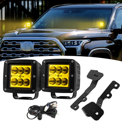 2Pcs 24W LED Light Pods & Ditch Hood Hinge LED Pod Mount Bracket w/Wiring Kit Compatible with Toyota Tundra 2022-2025