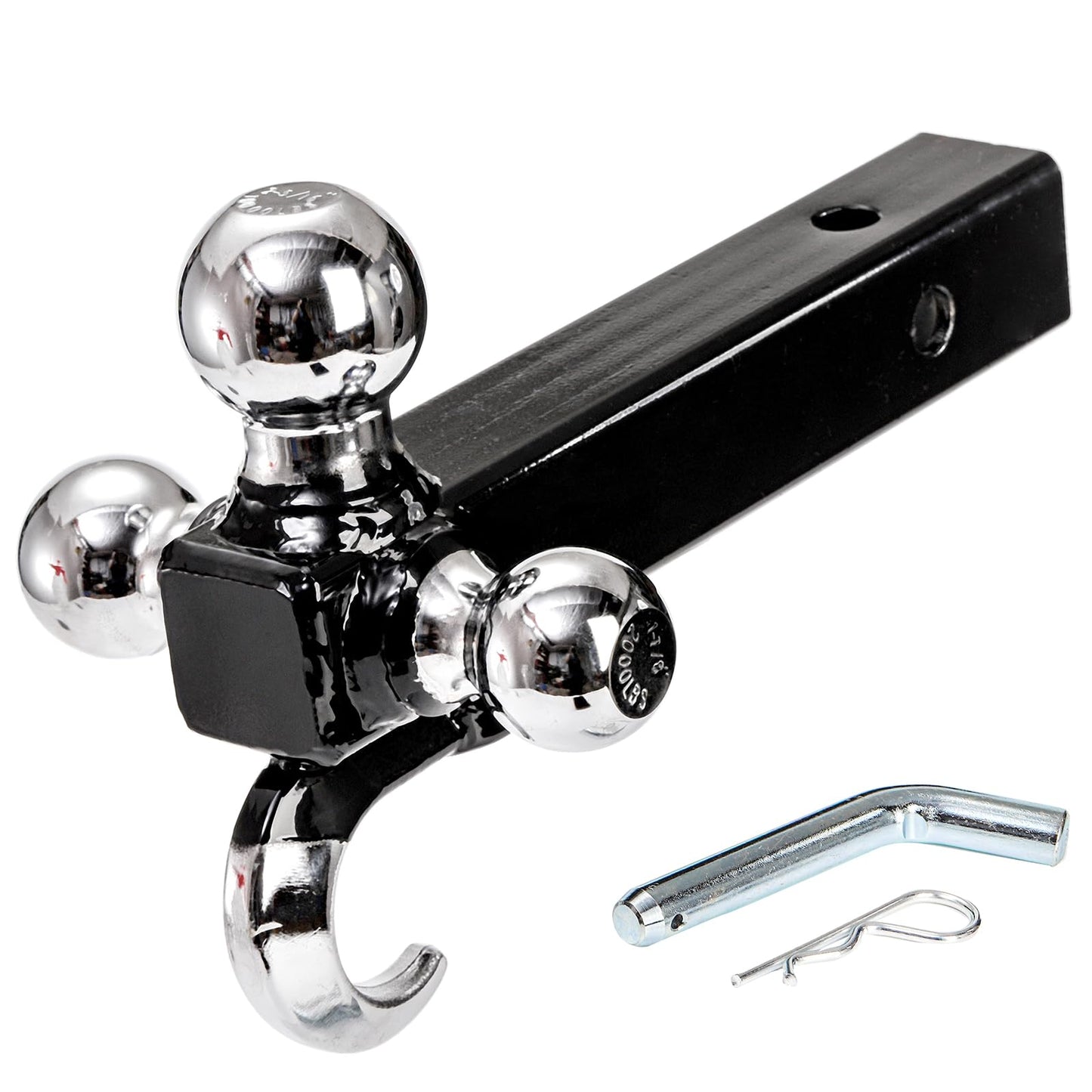 Trailer Hitch Tri-Ball Mount with Hook, Tactical Tow Hook, Sizes 1-7/8", 2" and 2-5/16", Fits 2 Inch Hitch Receiver