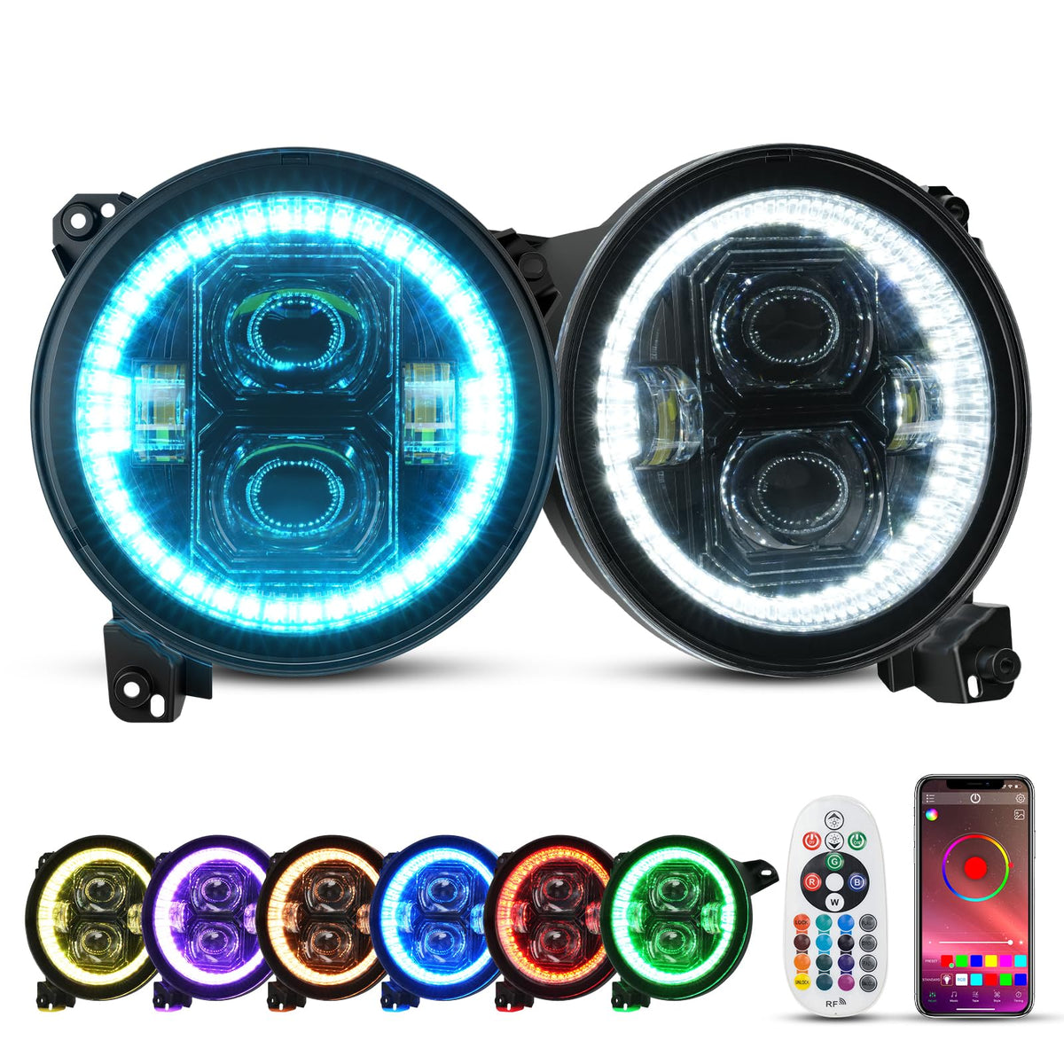 9 Inch Multi-Color LED Headlights with Angel Eyes Ring Compatible with Jeep Wrangler JL JLU Unlimited & Gladiator JT (2018-2025)