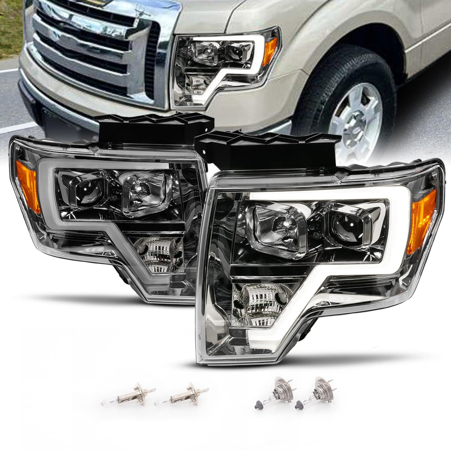 For 2009-2014 Ford F150 LED Bar Square Projector Headlights Set