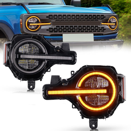 LED Headlights Assembly with Amber/White DRL, Sequential Turn Signal Front Light for Ford Bronco 2021-2025