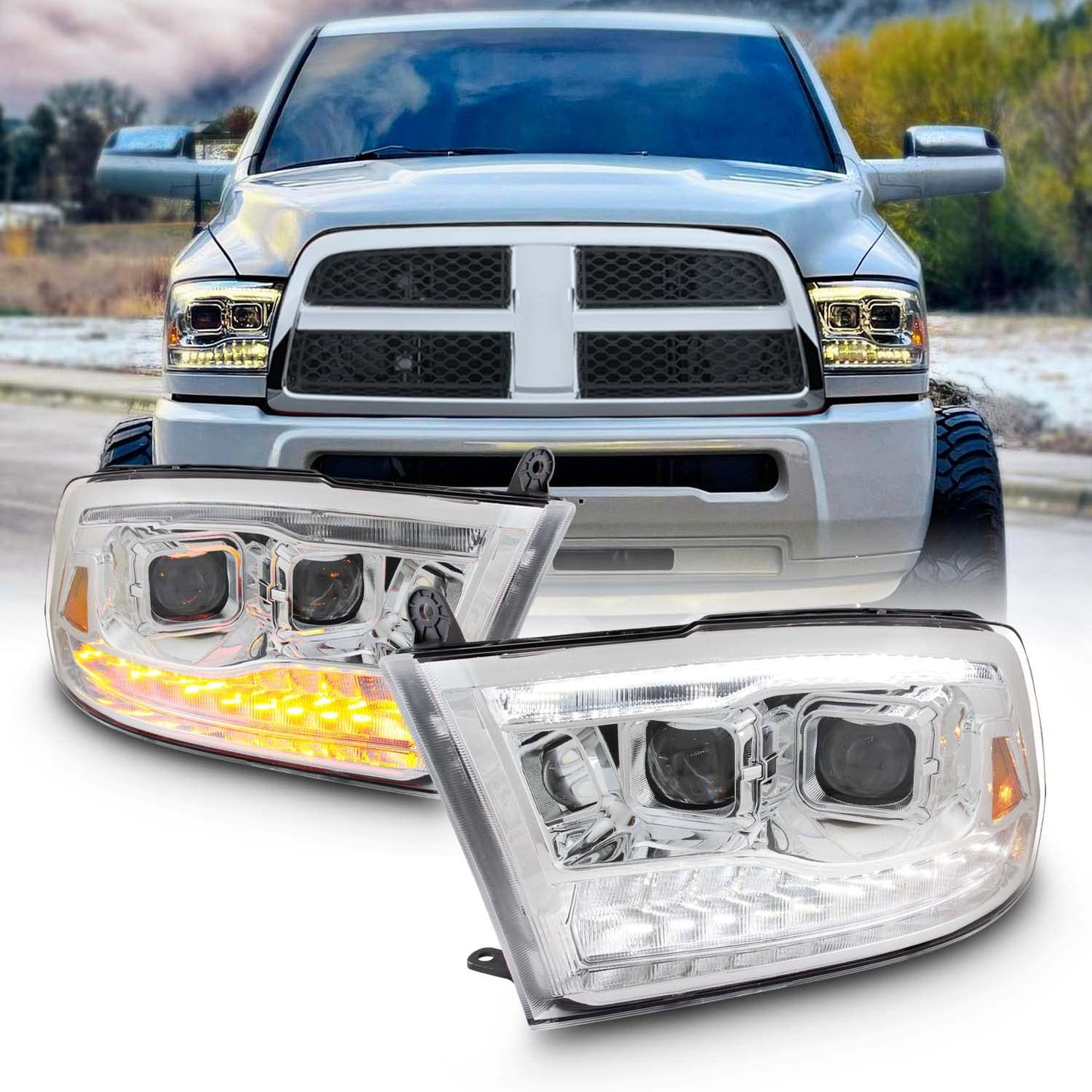 For 09-18 Dodge Ram 1500 2500 3500 Projector & Bar LED Headlights With Light Bulb Set - OMOTOR