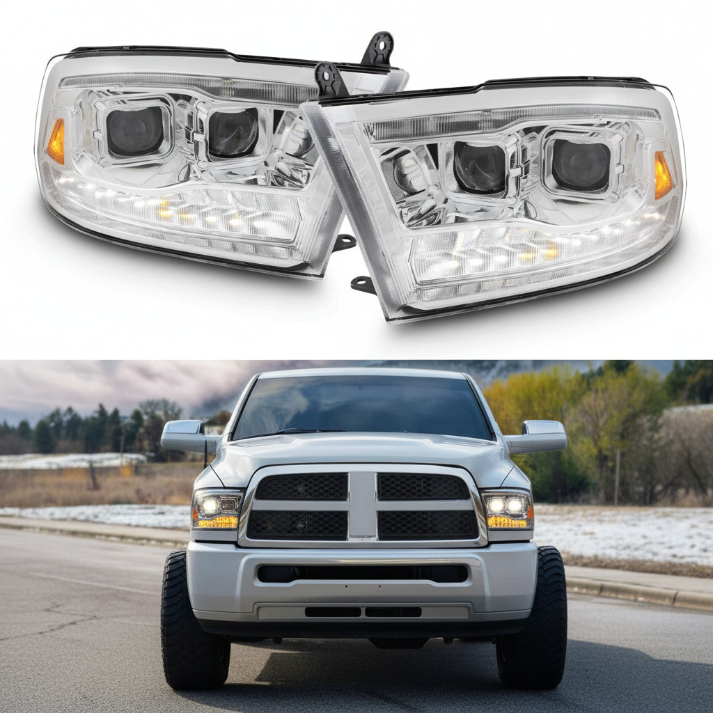 For 09-18 Dodge Ram 1500 2500 3500 Projector & Bar LED Headlights With Light Bulb Set - OMOTOR