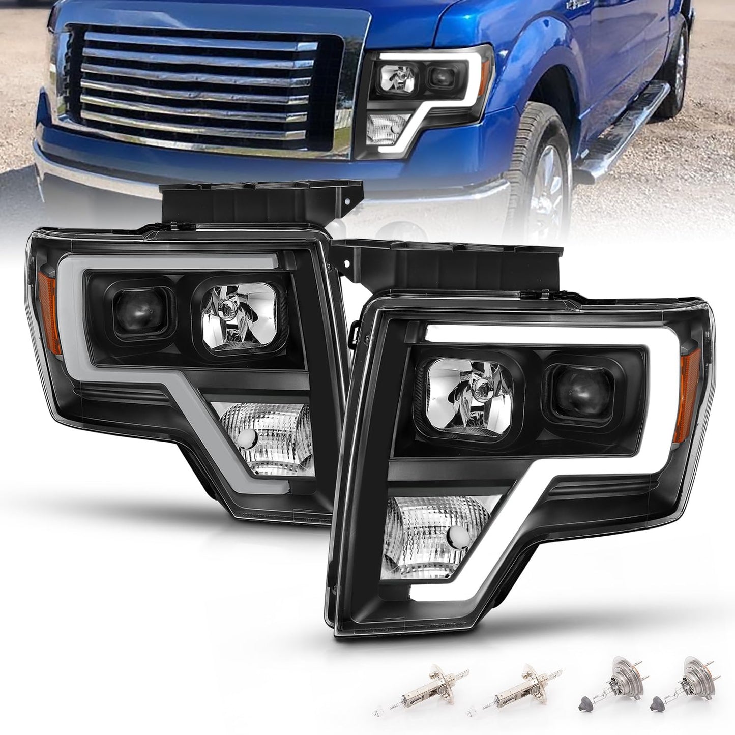 For 2009-2014 Ford F150 LED Bar Square Projector Headlights Set