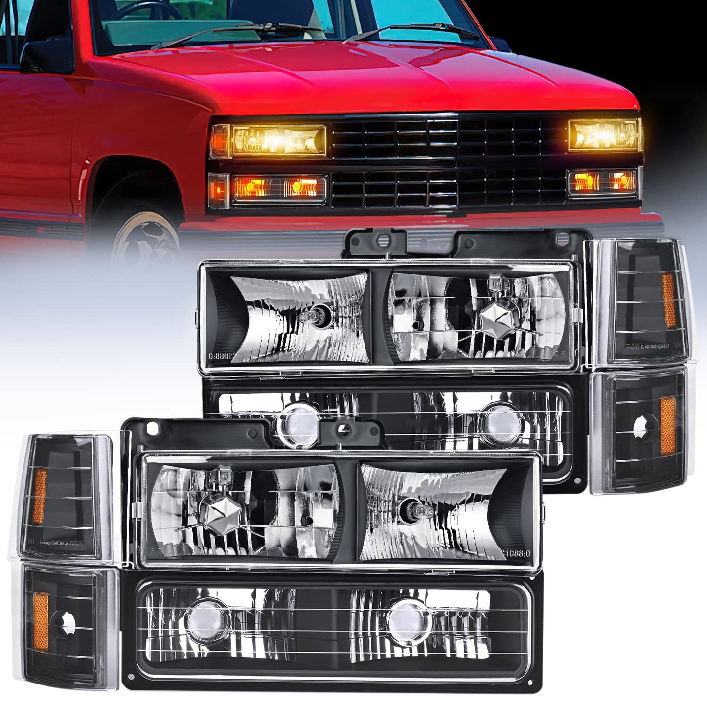 Headlights for 1994-1998 GMC C/K 1500 2500 3500 Sierra; for 94-99 GMC C/K 1500 2500 Suburban Yukon Headlight Assembly 94 95 96 97 98 Headlamp+Corner Side Marker Lights+Bumper Signal Lights - OMOTOR