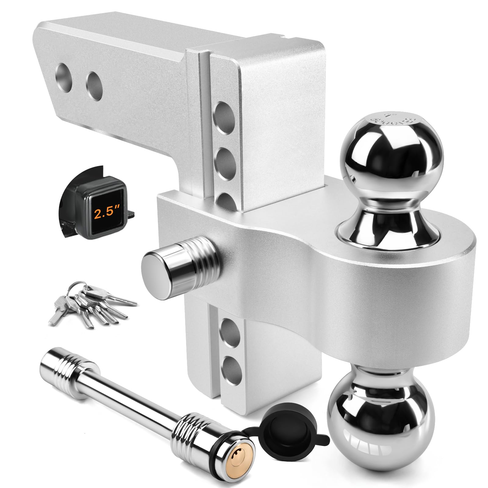 Adjustable Trailer Hitch, Fits 2.5 Inch Receiver, 6 Inch Drop Hitch, 18,500 LBS GTW, Aluminum Forged Shank, 2 Inch & 2-5/16 Inch Balls, Towing Hitch for Heavy Duty Truck with Double Lock Pins