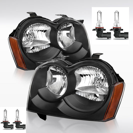 Headlights for 2005-2007 Jeep Grand Cherokee - Black/Chrome Housing, Amber Reflector, Wiring Harness Included