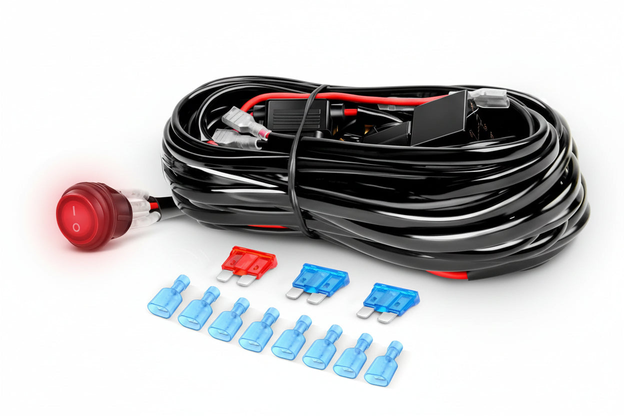 10014W LED Light Bar Wiring Harness Kit 14AWG Heavy Duty 12V 5Pin Rocker Laser On Off Waterproof Switch Power Relay Blade Fuse