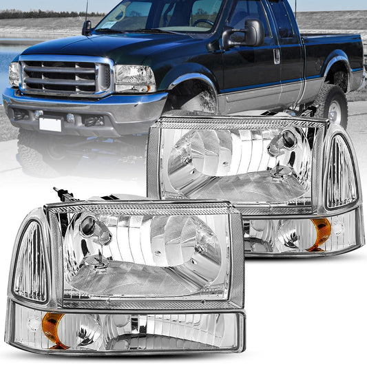 Headlight Assembly Compatible with 1999-2004 Ford F-250 F-350 F-450 F-550 Super Duty/2000-2004 Ford Excursion Headlamp(Chrome Housing with Amber Reflector)