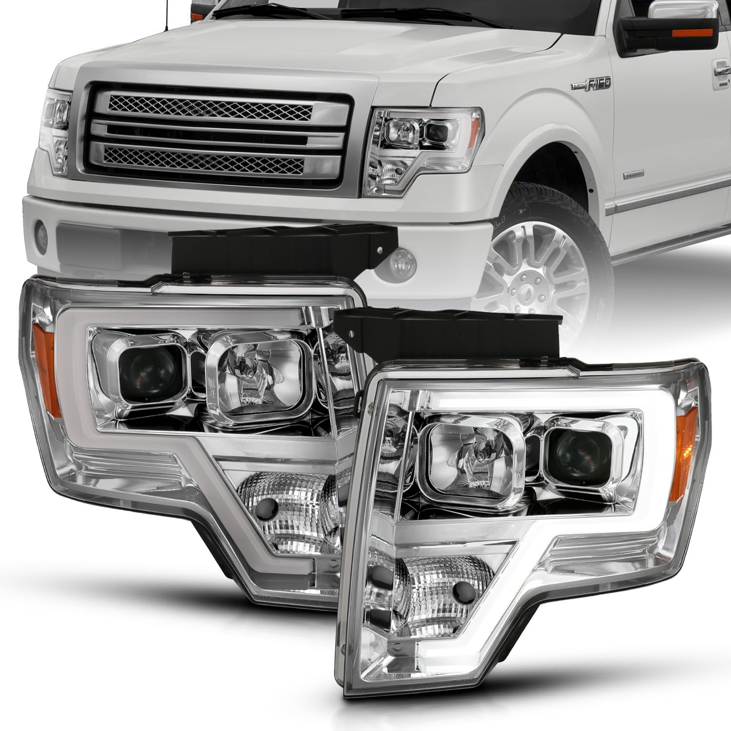Square Projector Halogen Black Headlights Pair LED Bar Set For 2009-2014 Ford F150 High/Low Beam Bulb Included - Driver and Passenger Side - OMOTOR