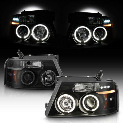 For 2004-2008 Ford F150 LED Dual Halo Ring Smoked Lens Projector Headlights Headlamps, Driver & Passenger Side - OMOTOR