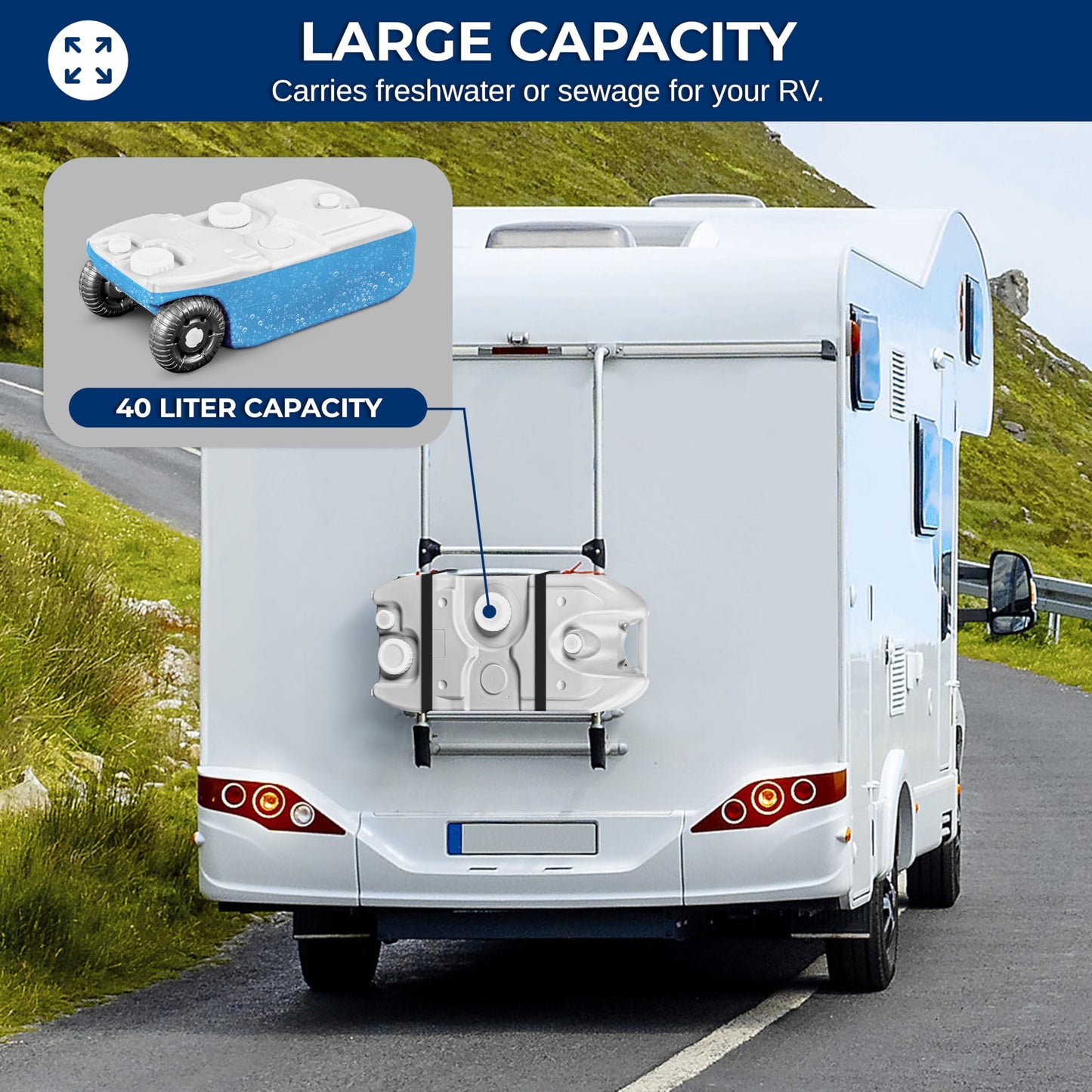 RV Portable Water Tank with Large Wheels for Easy Transport