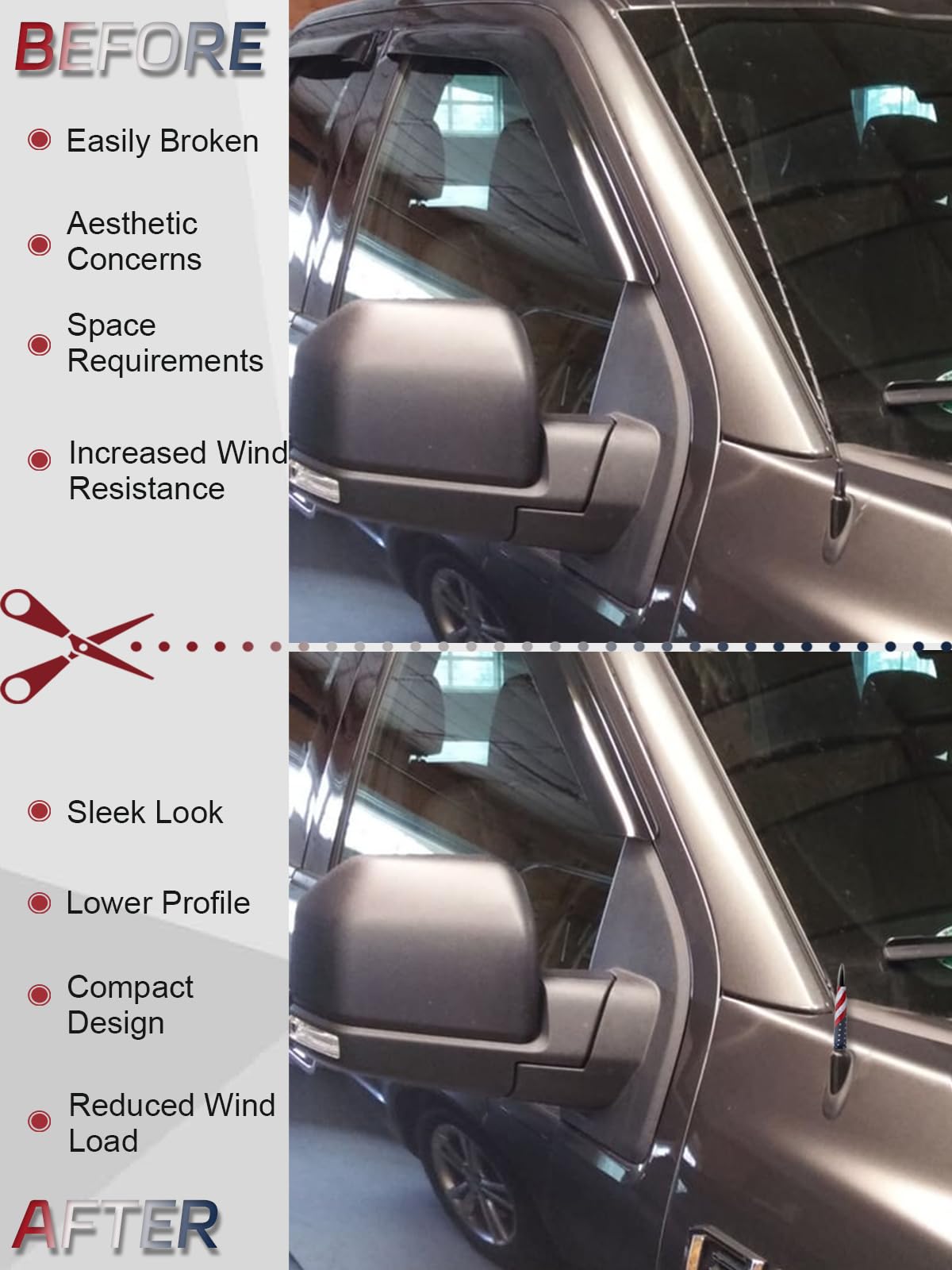 Universal 50 Cal American Flag Bullet Truck Antenna Compatible with GMC Sierra 1500 Chevy Dodge Ram Silverado 1500, 2500, 3500, Ford F150, F250, F350